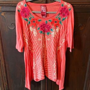 Johnny Was Coral Embroidered Blouse/Tunic
